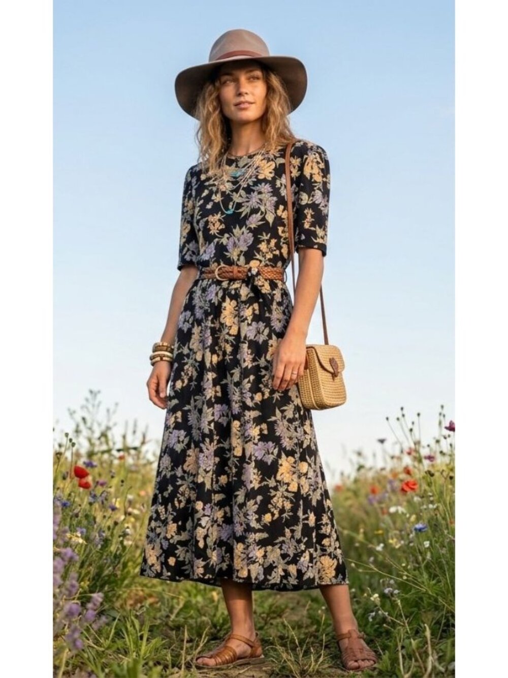 Vtg 80s Casual Corner Dark Floral Maxi Dress Sz 8 Belt Cottagecore Boho Rayon